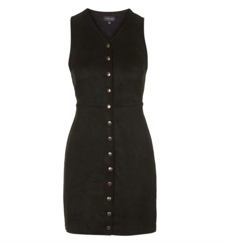 Topshop Women's Sleeveless Faux Vegan Suede Mini Dress Snap Front Black 4 NWT